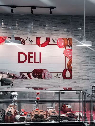 Deli counter early in the morning with trays of fresh sandwiches