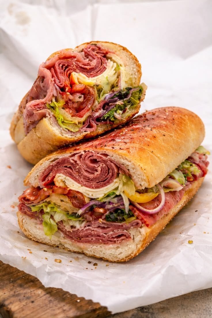Deli counter with sliced meats, cheeses and fresh bread